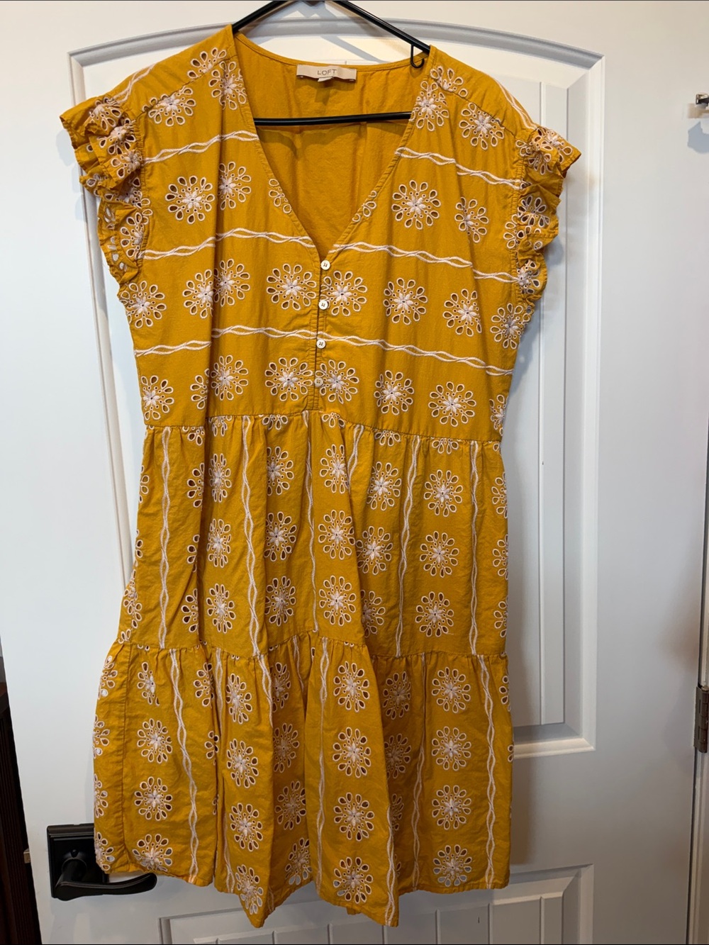 LOFT Yellow Eyelet Tiered V-Neck Dress with Ruffle Sleeves